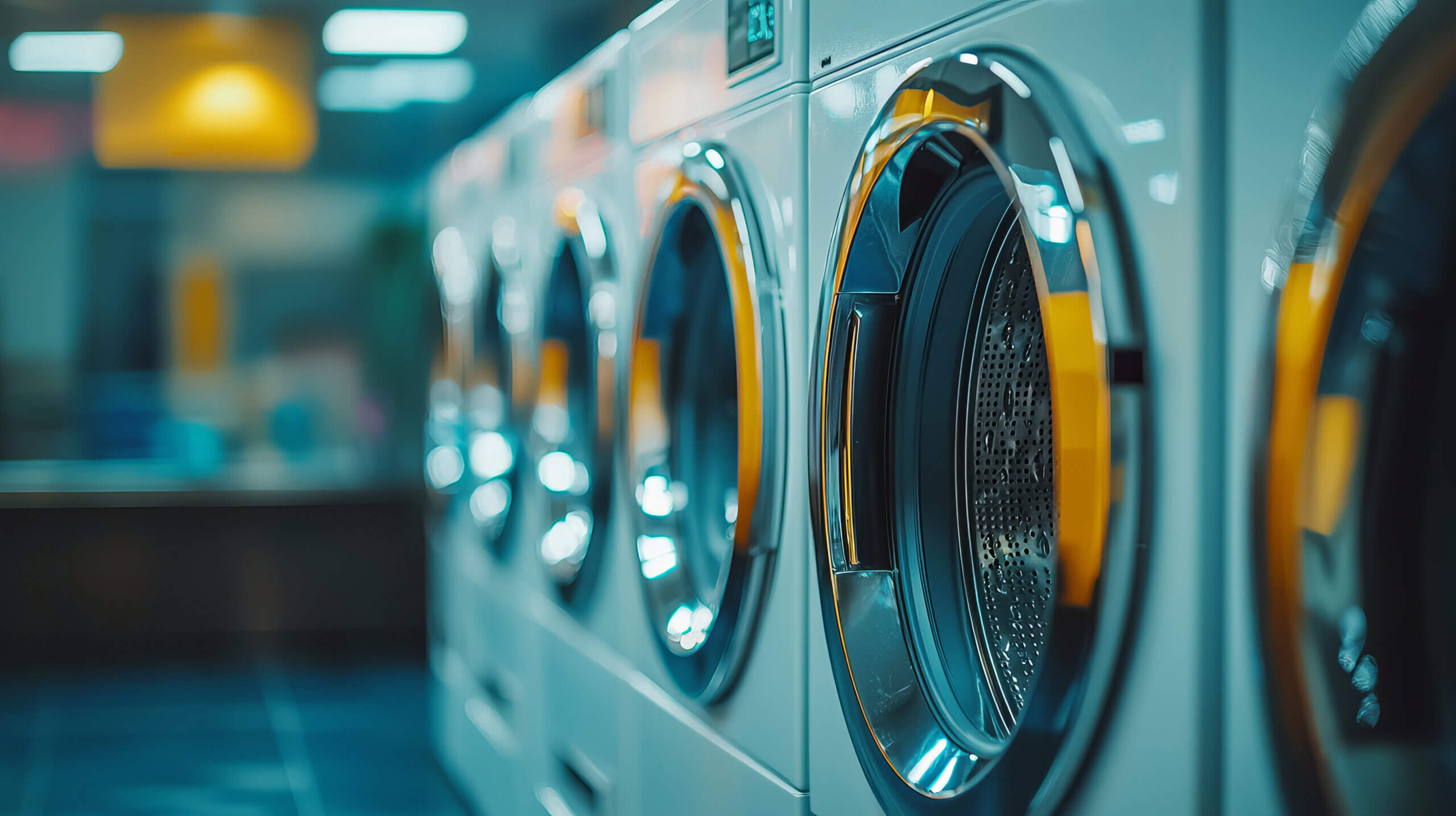Row of modern commercial washing machines in a bright laundromat